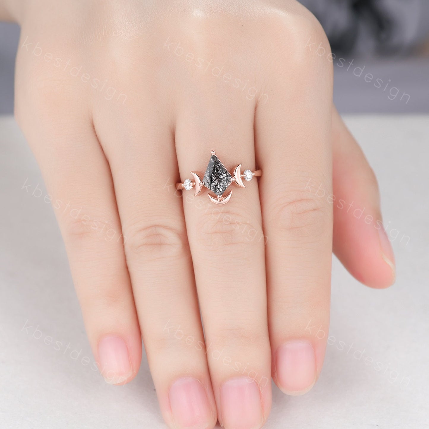 Antique black rutilated quartz engagement ring unique moon goddess ring art deco curved stacking band kite cut bridal moissanite wedding set