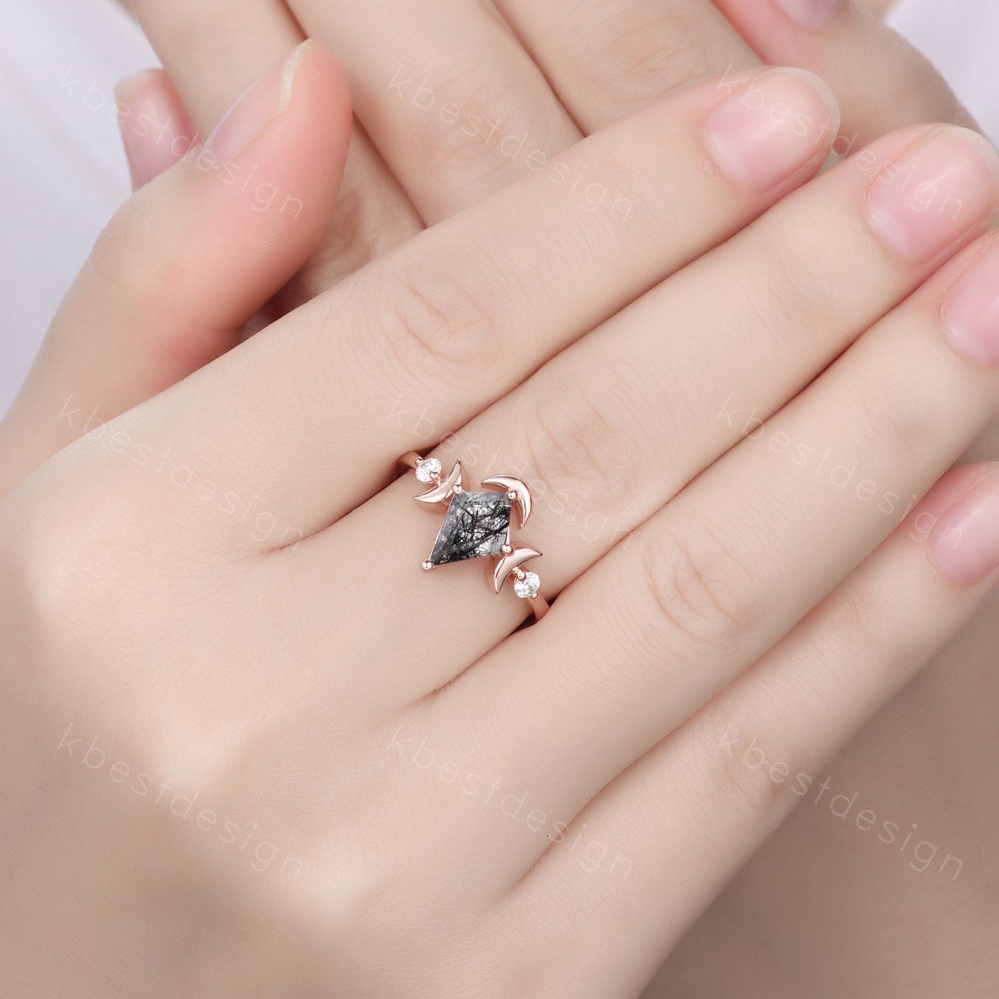 Antique black rutilated quartz engagement ring unique moon goddess ring art deco curved stacking band kite cut bridal moissanite wedding set
