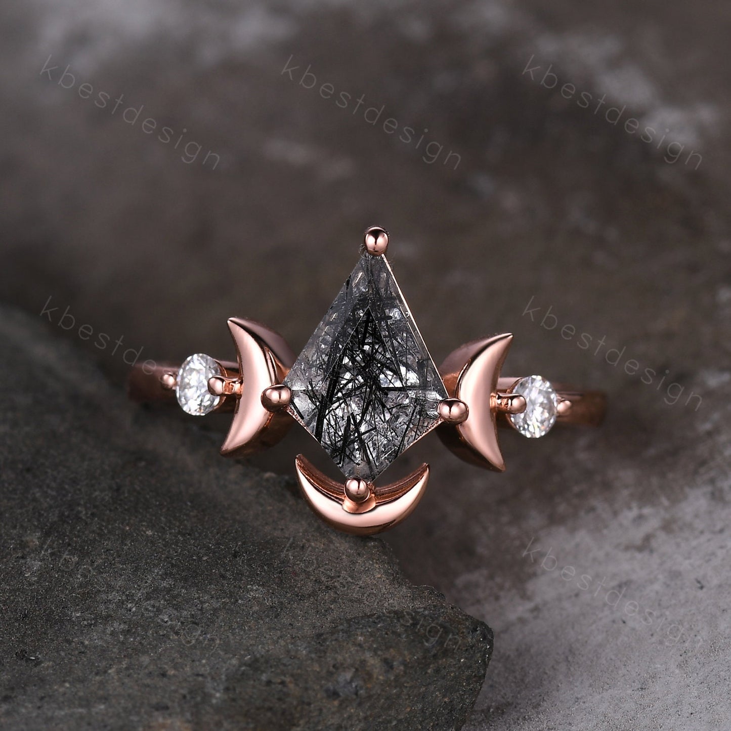 Antique black rutilated quartz engagement ring unique moon goddess ring art deco curved stacking band kite cut bridal moissanite wedding set