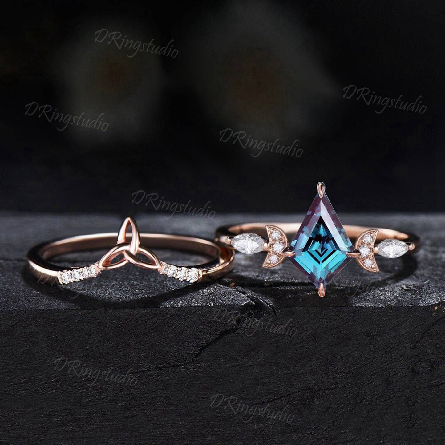 Kite Alexandrite Engagement Ring Set 14k Rose Gold Moissanite Bridal Set Trinity Knot Alexandrite Wedding Ring June Birthstone Propose Gifts