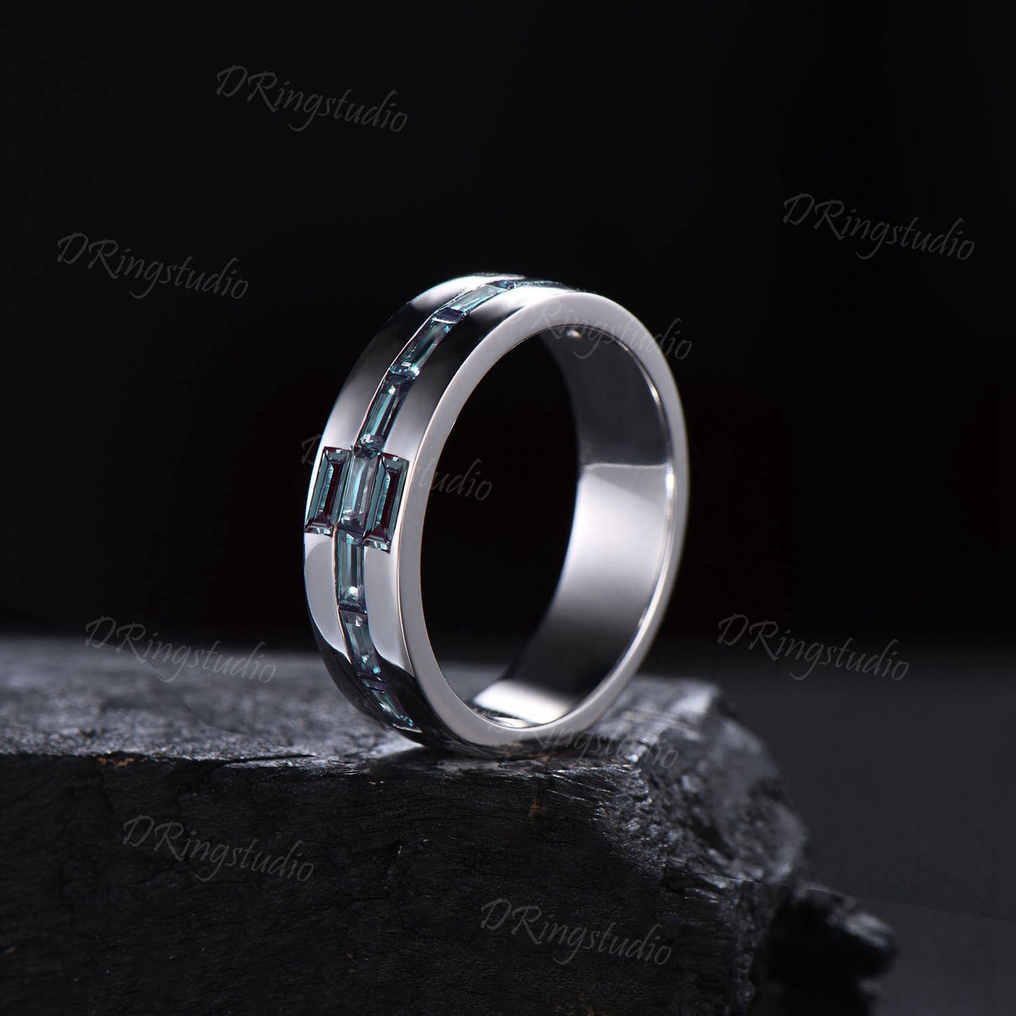 14k White Gold Mens Cross Wedding Band 6mm Baguette Cut Alexandrite Ring Tension Set Ring Stackable Band Christian Jewelry Ring Gift for Men