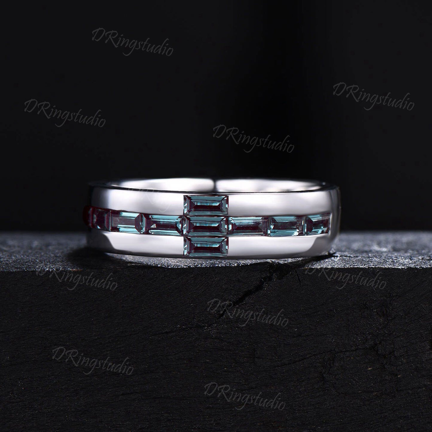 14k White Gold Mens Cross Wedding Band 6mm Baguette Cut Alexandrite Ring Tension Set Ring Stackable Band Christian Jewelry Ring Gift for Men