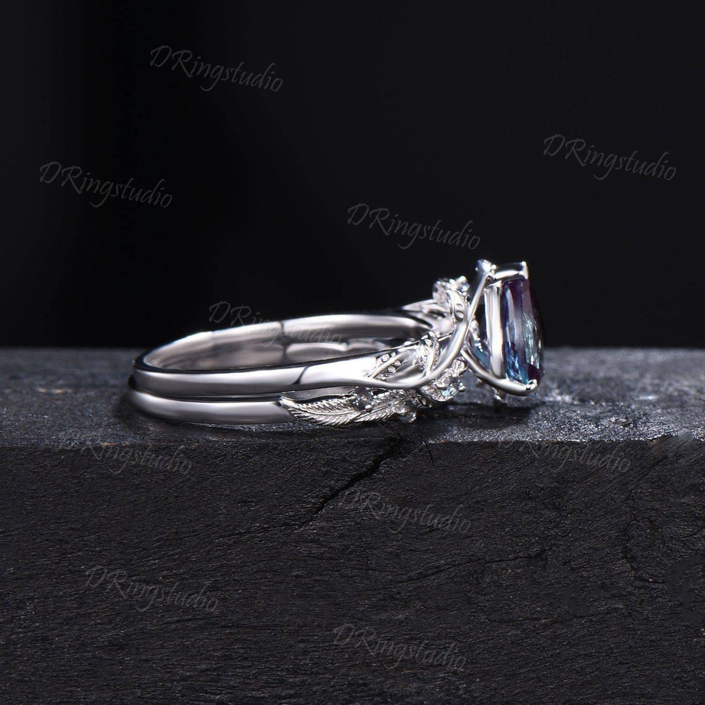 Twig Alexandrite Engagement Ring Set Nature Inspired Pear Alexandrite Bridal Set Leaves Wedding Ring June Birthstone Jewelry Proposal Gifts
