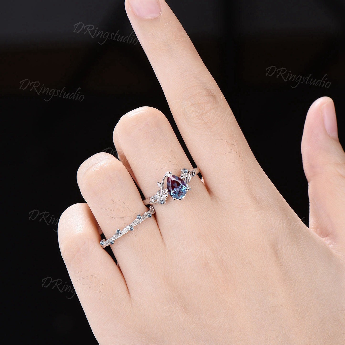 Twig Alexandrite Engagement Ring Set Nature Inspired Pear Alexandrite Bridal Set Leaves Wedding Ring June Birthstone Jewelry Proposal Gifts