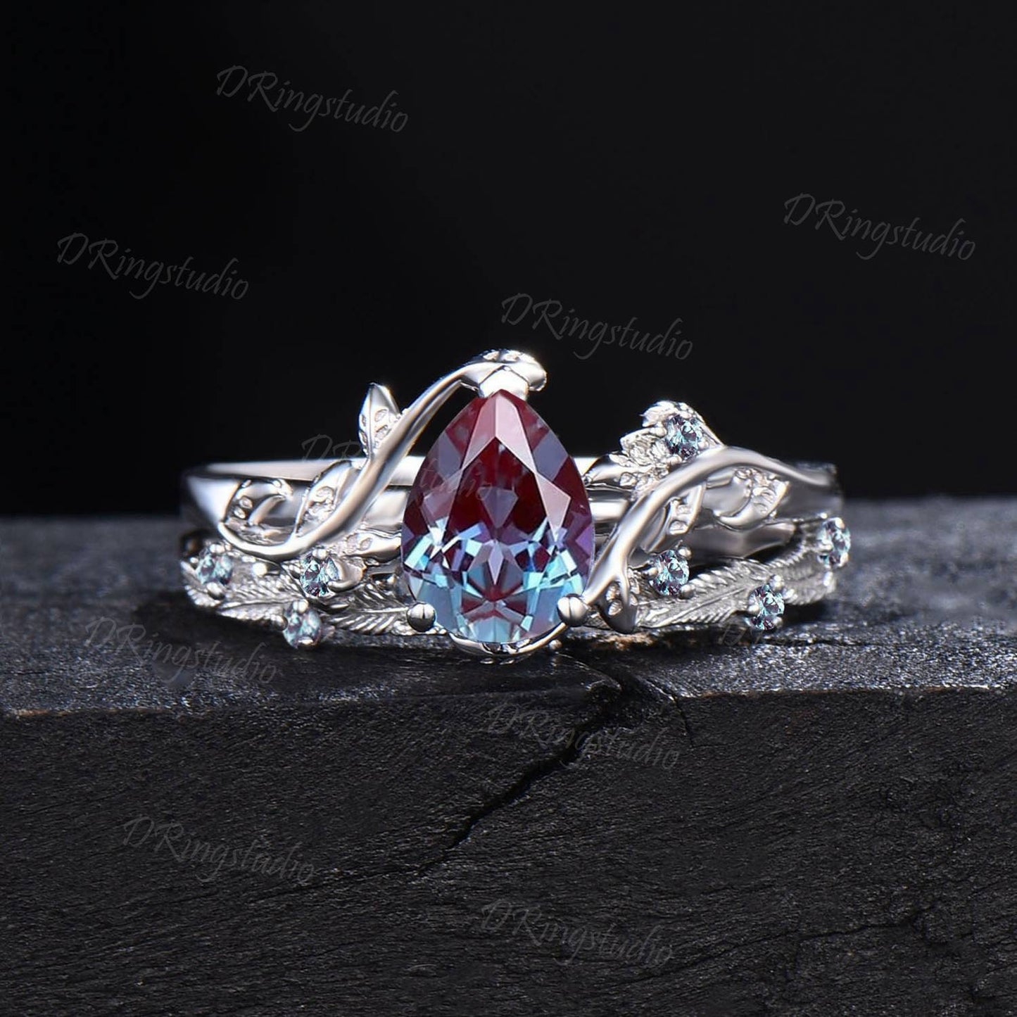 Twig Alexandrite Engagement Ring Set Nature Inspired Pear Alexandrite Bridal Set Leaves Wedding Ring June Birthstone Jewelry Proposal Gifts