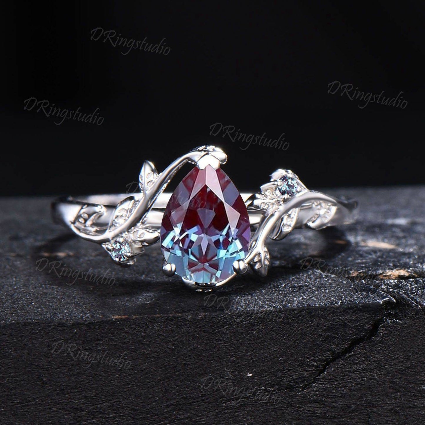 Twig Alexandrite Engagement Ring Set Nature Inspired Pear Alexandrite Bridal Set Leaves Wedding Ring June Birthstone Jewelry Proposal Gifts