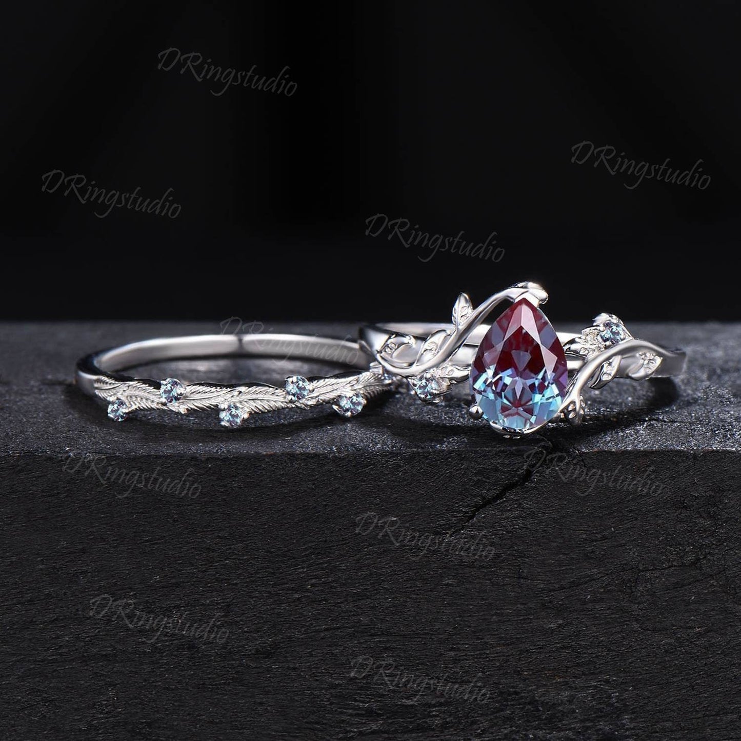 Twig Alexandrite Engagement Ring Set Nature Inspired Pear Alexandrite Bridal Set Leaves Wedding Ring June Birthstone Jewelry Proposal Gifts