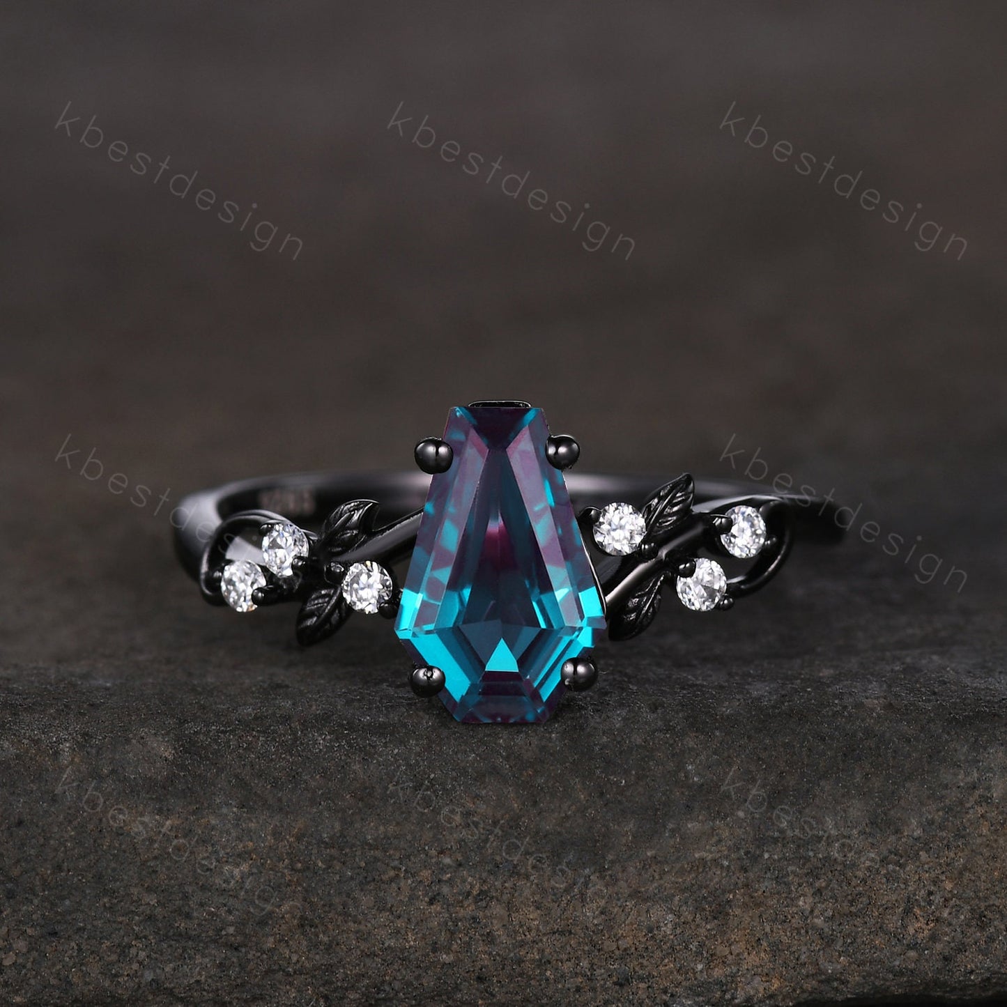 Vintage coffin Alexandrite engagement ring set black gold twig leaf moissanite ring color changing stone ring unique bridal wedding ring set