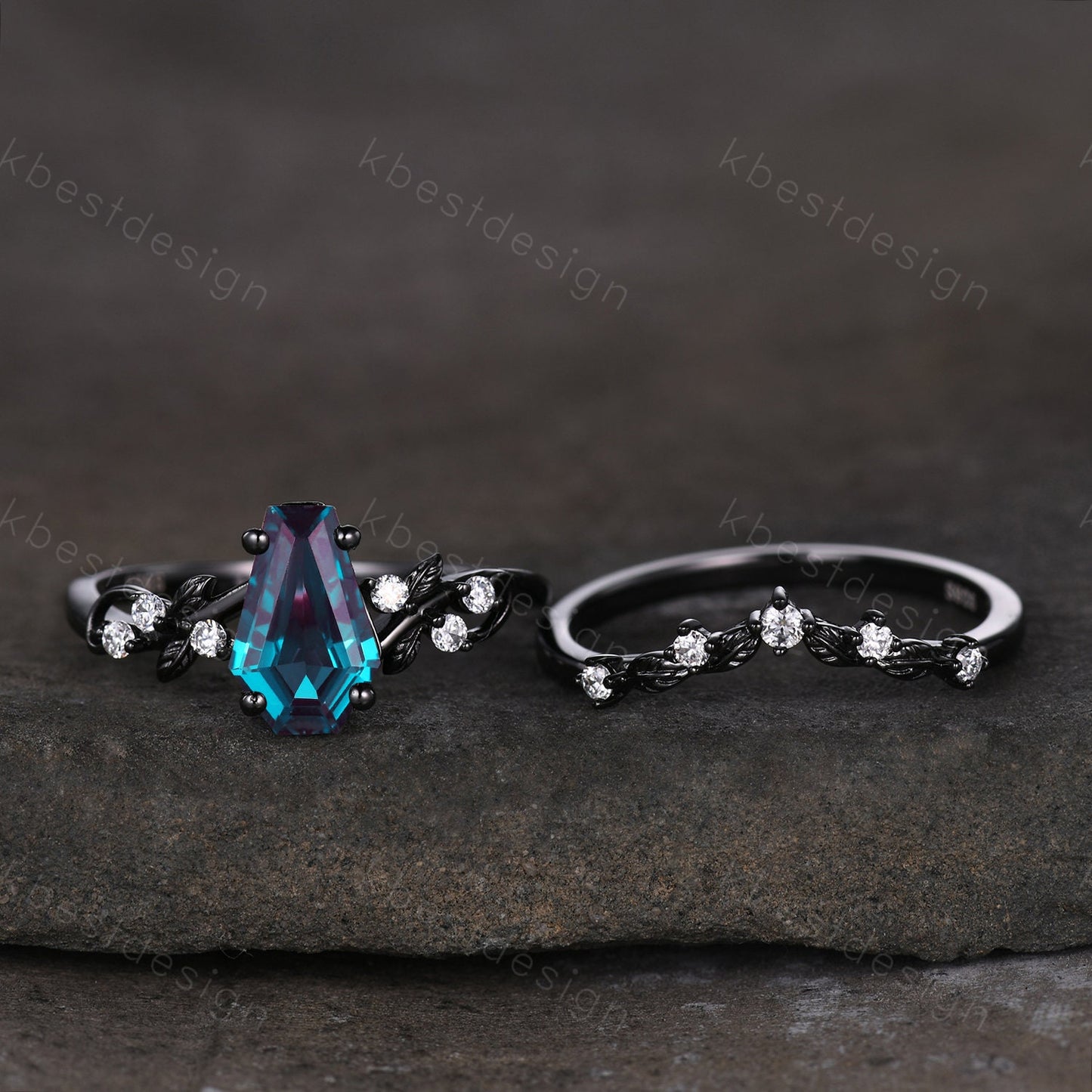 Vintage coffin Alexandrite engagement ring set black gold twig leaf moissanite ring color changing stone ring unique bridal wedding ring set
