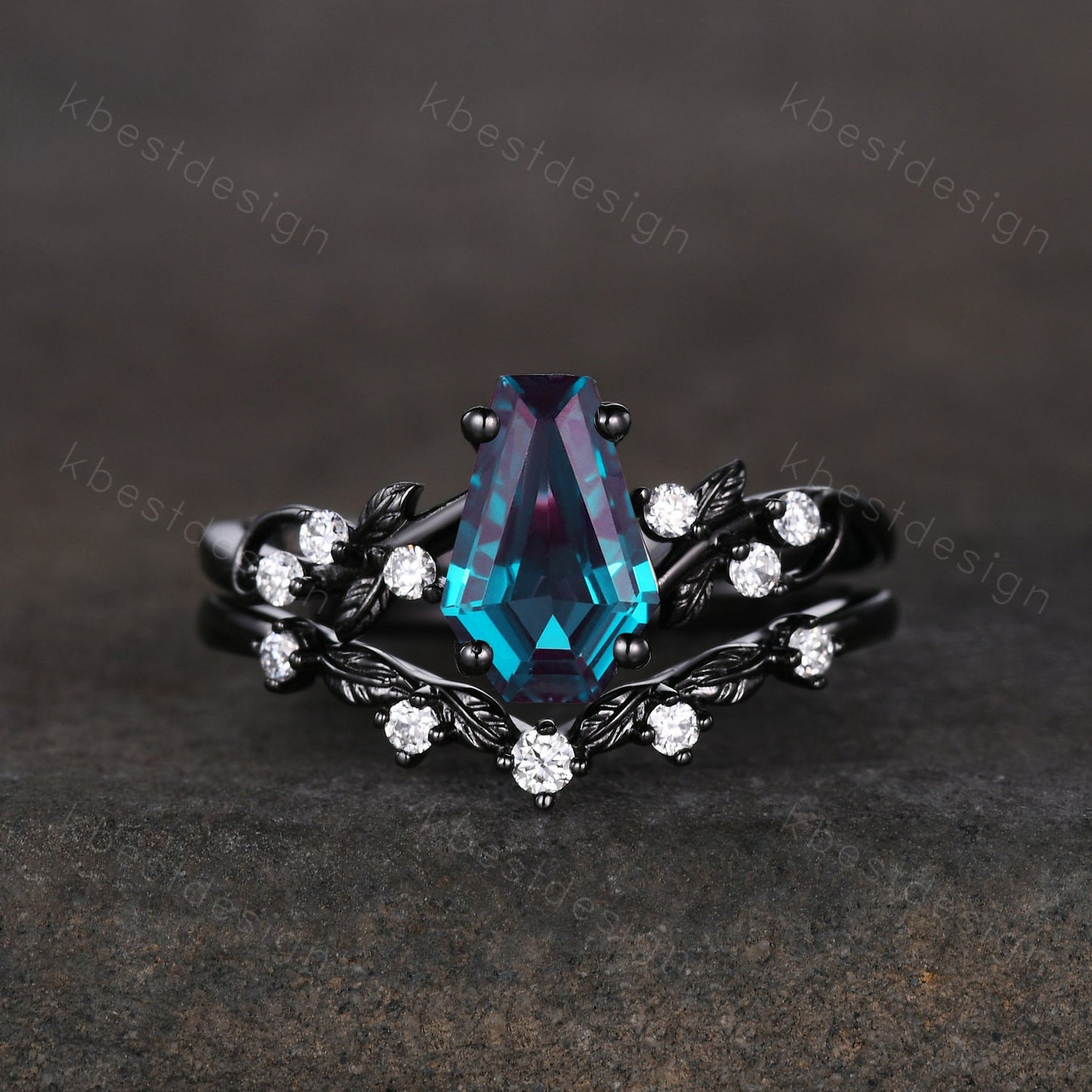 Vintage coffin Alexandrite engagement ring set black gold twig leaf moissanite ring color changing stone ring unique bridal wedding ring set