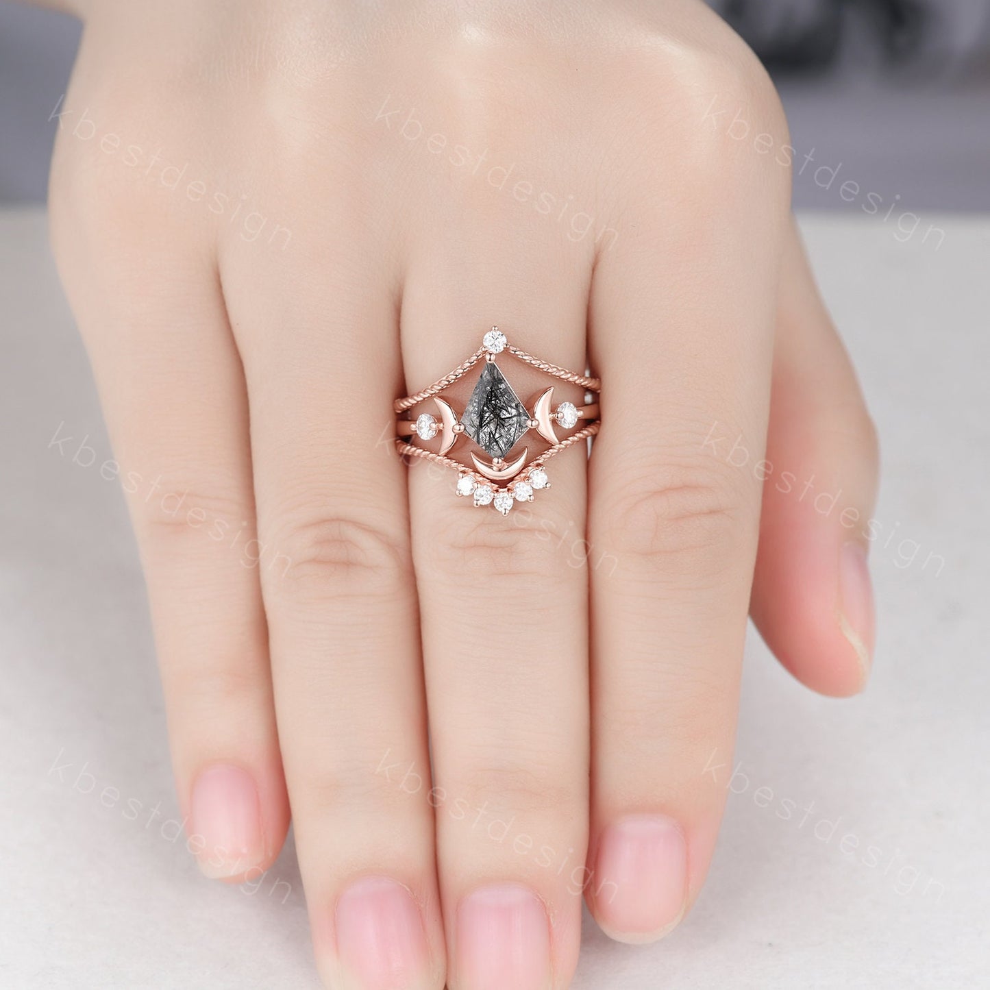 Antique black rutilated quartz engagement ring unique moon goddess ring art deco curved stacking band kite cut bridal moissanite wedding set
