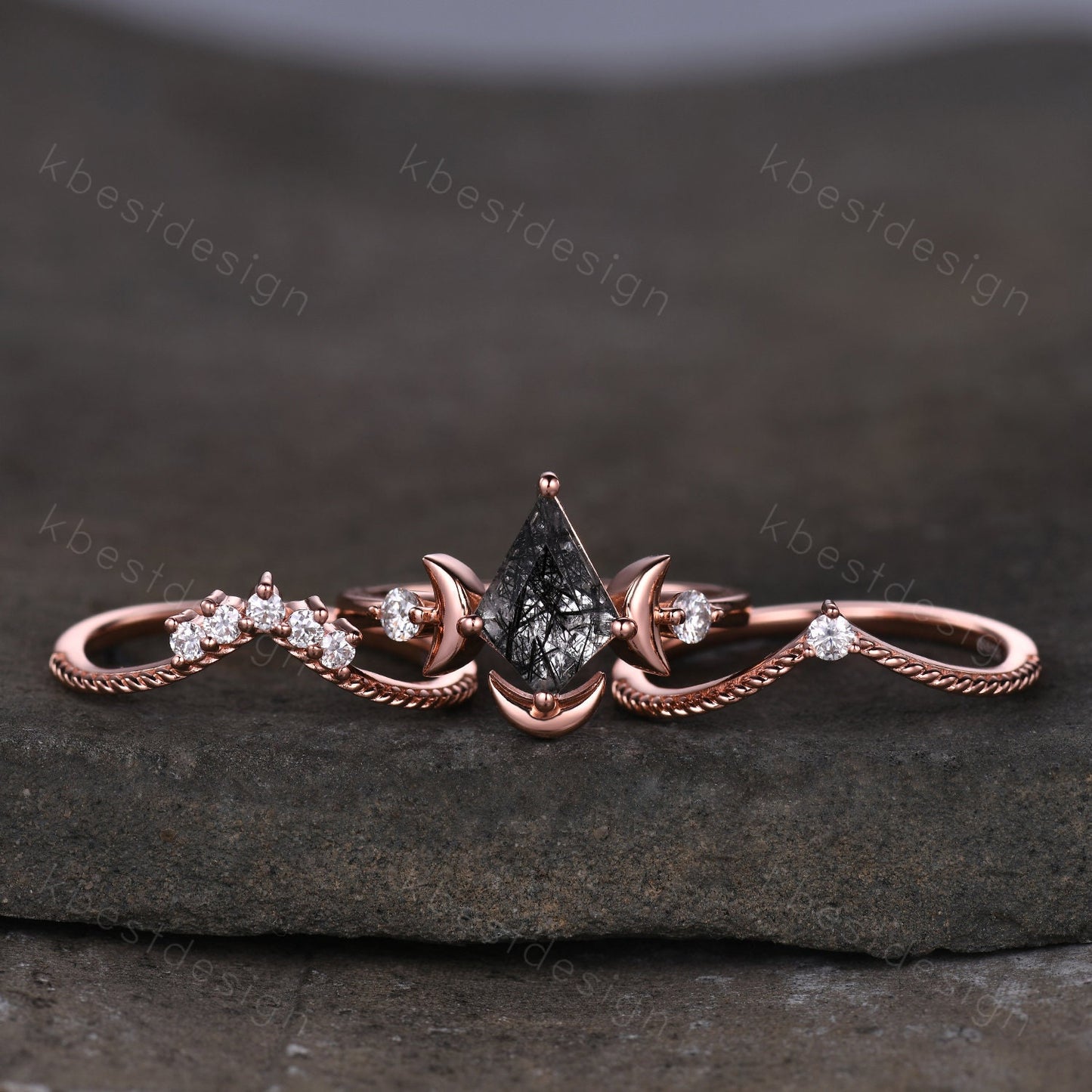 Antique black rutilated quartz engagement ring unique moon goddess ring art deco curved stacking band kite cut bridal moissanite wedding set