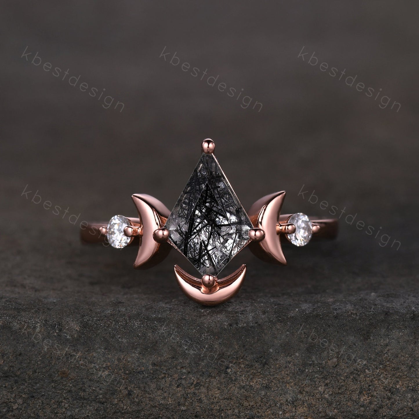 Antique black rutilated quartz engagement ring unique moon goddess ring art deco curved stacking band kite cut bridal moissanite wedding set