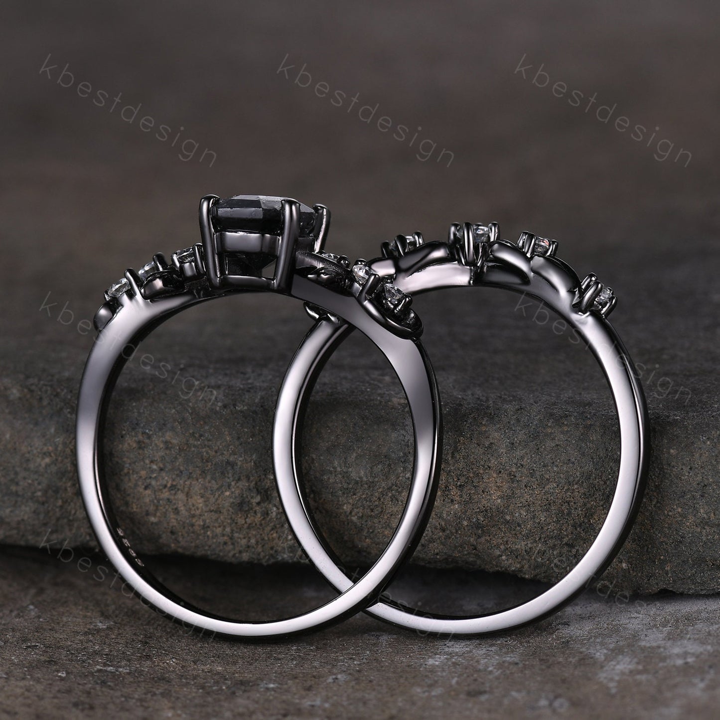 Vintage coffin Alexandrite engagement ring set black gold twig leaf moissanite ring color changing stone ring unique bridal wedding ring set