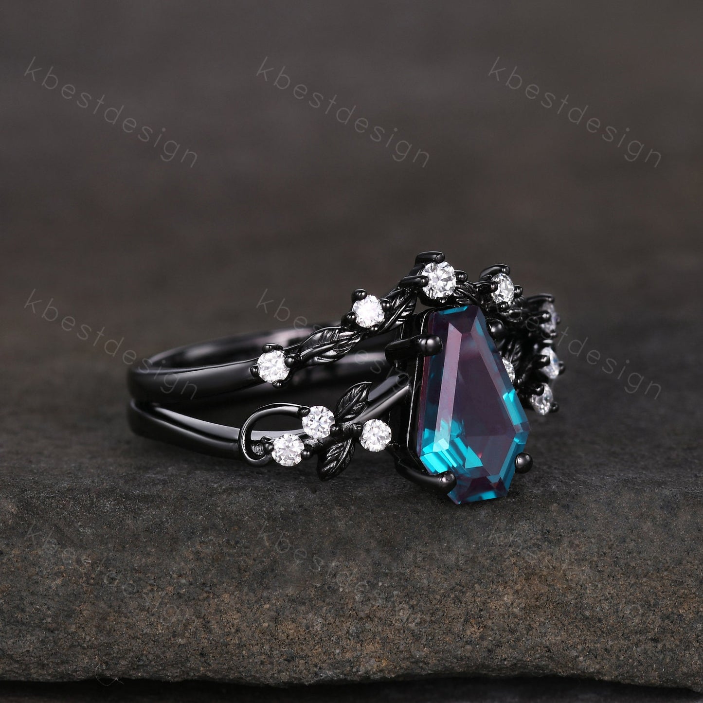 Vintage coffin Alexandrite engagement ring set black gold twig leaf moissanite ring color changing stone ring unique bridal wedding ring set