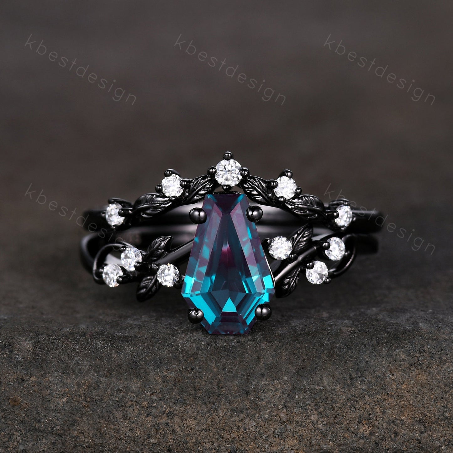 Vintage coffin Alexandrite engagement ring set black gold twig leaf moissanite ring color changing stone ring unique bridal wedding ring set