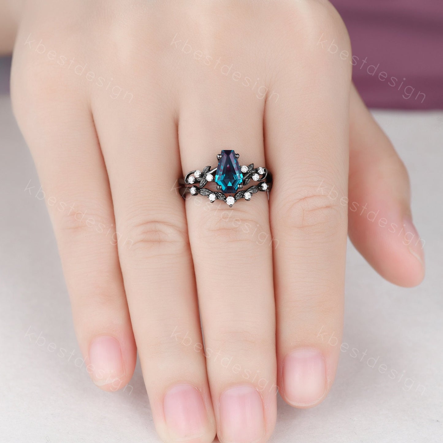 Vintage coffin Alexandrite engagement ring set black gold twig leaf moissanite ring color changing stone ring unique bridal wedding ring set