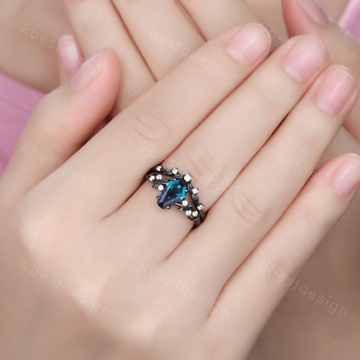 Vintage coffin Alexandrite engagement ring set black gold twig leaf moissanite ring color changing stone ring unique bridal wedding ring set