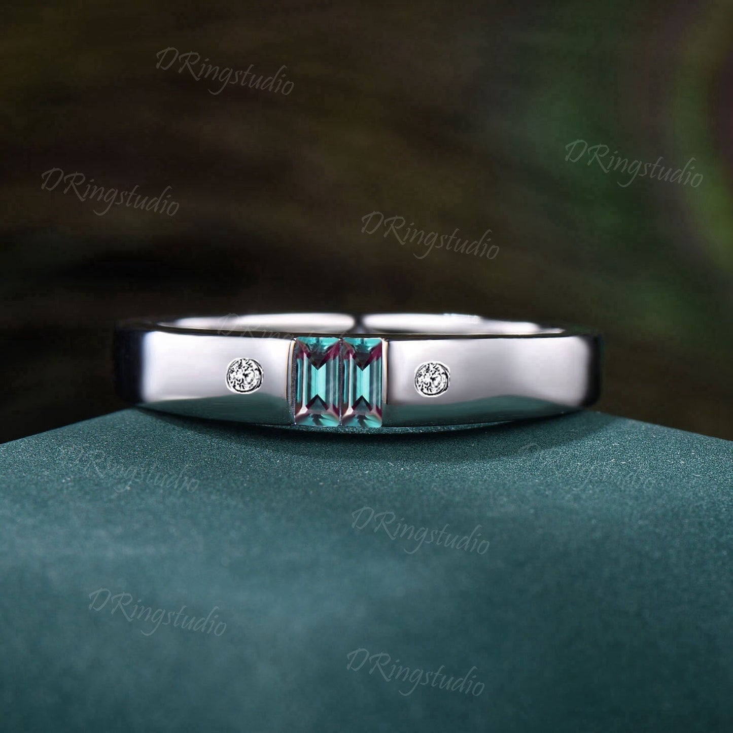 4mm Mens Alexandrite Flush Wedding Band Baguette Cut Color-Change Alexandrite Diamond Band Mens Promise Band Retro Vintage Men Gifts