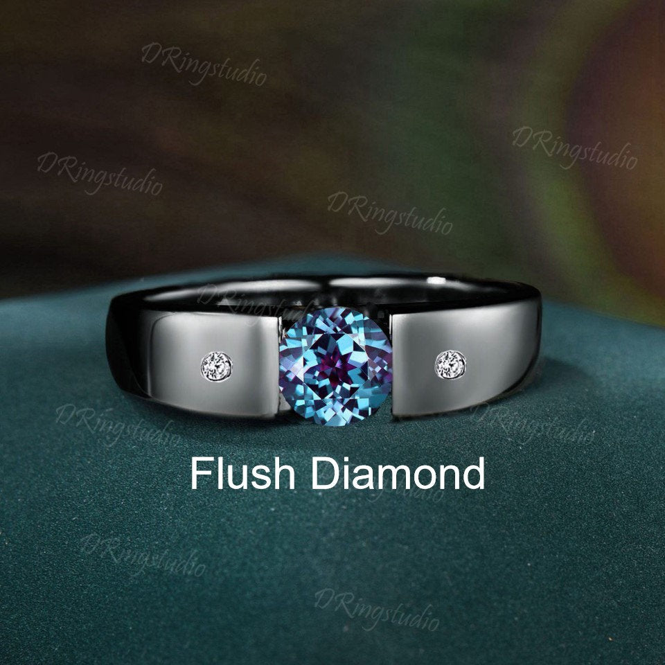 Tension Set Alexandrite Ring 5mm Round Alexandrite Engagement Ring Solid Black Gold Flush Diamond Wedding Band June Birthstone Unique Promise Gift