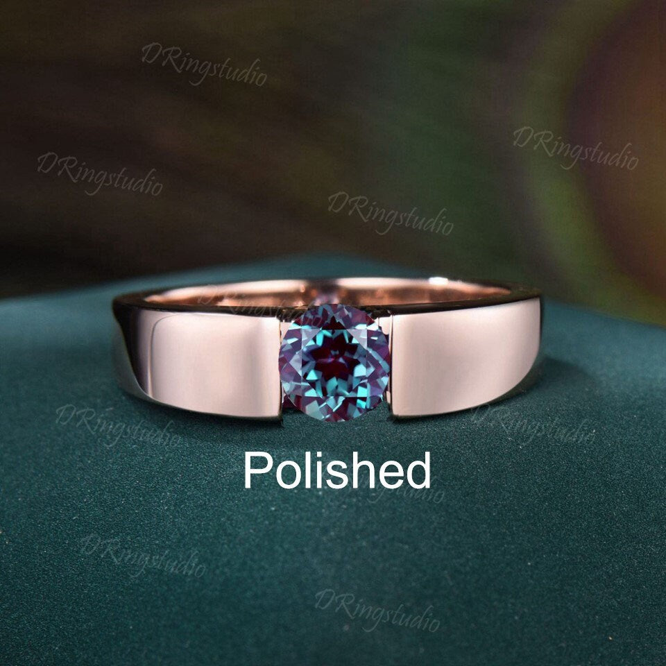 Tension Set Alexandrite Ring 5mm Round Alexandrite Engagement Ring Solid Black Gold Flush Diamond Wedding Band June Birthstone Unique Promise Gift