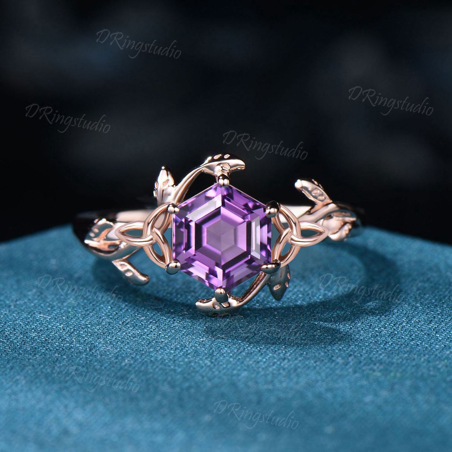 1ct Hexagon Cut Amethyst Engagement Ring Unique Trinity Knot Ring Branch Vine Natural Amethyst Ring February Birthstone Jewelry Promise Gift