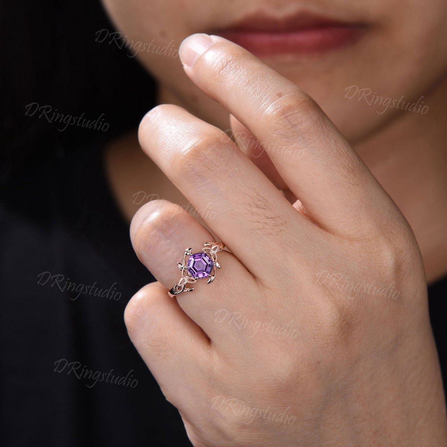 1ct Hexagon Cut Amethyst Engagement Ring Unique Trinity Knot Ring Branch Vine Natural Amethyst Ring February Birthstone Jewelry Promise Gift
