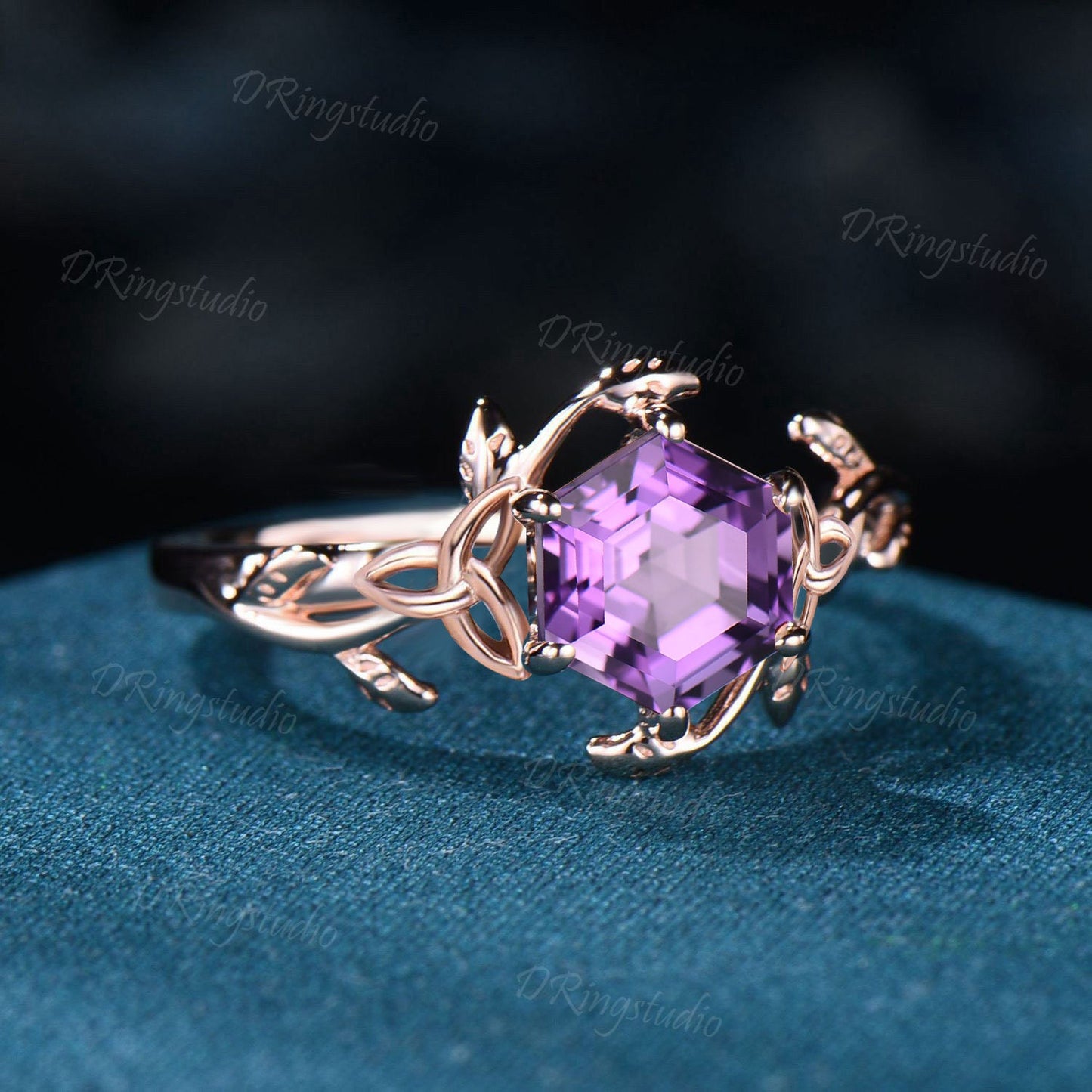 1ct Hexagon Cut Amethyst Engagement Ring Unique Trinity Knot Ring Branch Vine Natural Amethyst Ring February Birthstone Jewelry Promise Gift