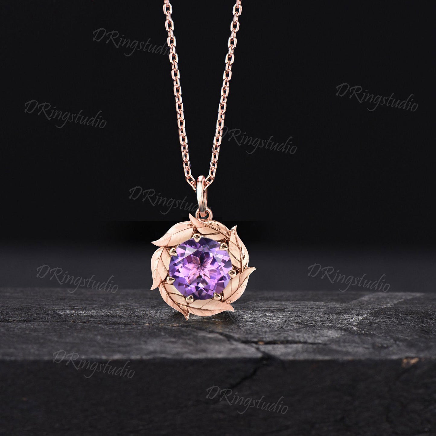Vintage Natural Amethyst Pendant Vine Leaf Round Amethyst Charm Necklace Rose Gold Purple Crystal Necklace February Birthstone Wedding Gifts