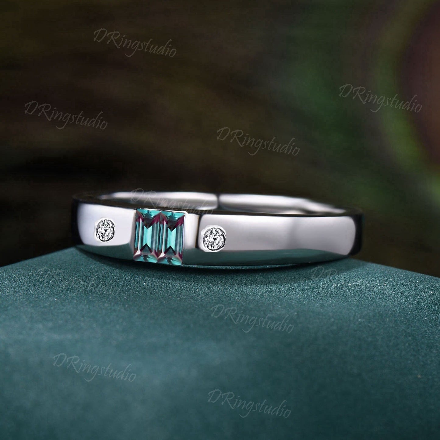 4mm Mens Alexandrite Flush Wedding Band Baguette Cut Color-Change Alexandrite Diamond Band Mens Promise Band Retro Vintage Men Gifts