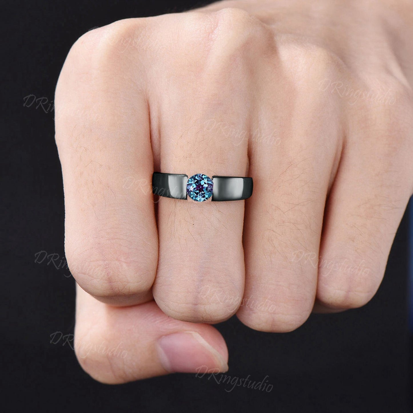 Tension Set Alexandrite Ring 5mm Round Alexandrite Engagement Ring Solid Black Gold Flush Diamond Wedding Band June Birthstone Unique Promise Gift