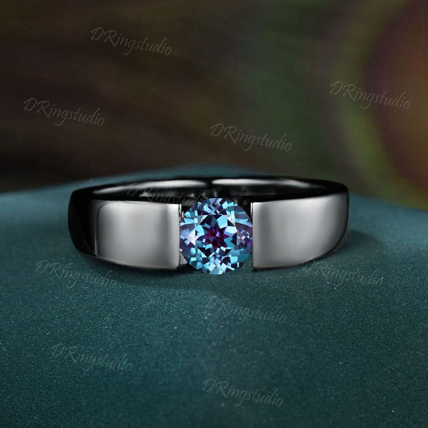 Tension Set Alexandrite Ring 5mm Round Alexandrite Engagement Ring Solid Black Gold Flush Diamond Wedding Band June Birthstone Unique Promise Gift