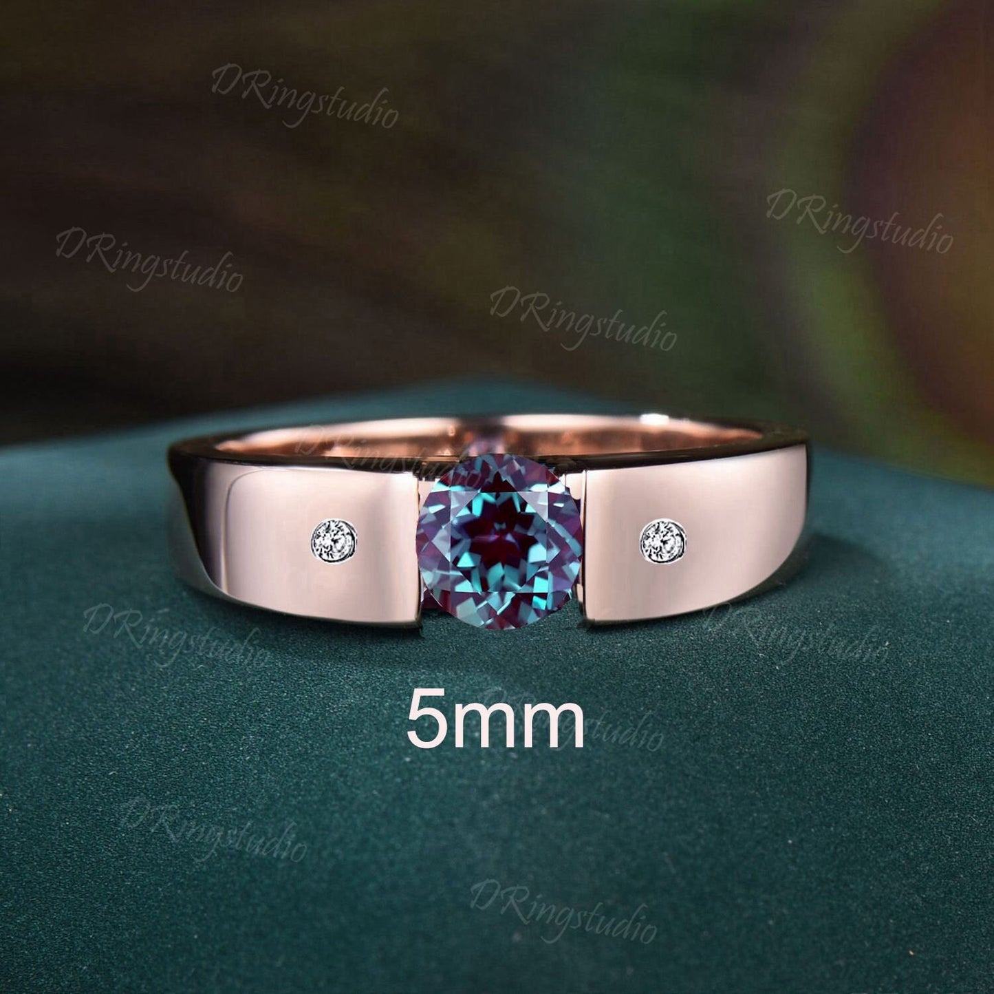 Tension Set Alexandrite Ring 5mm Round Alexandrite Engagement Ring Solid Black Gold Flush Diamond Wedding Band June Birthstone Unique Promise Gift
