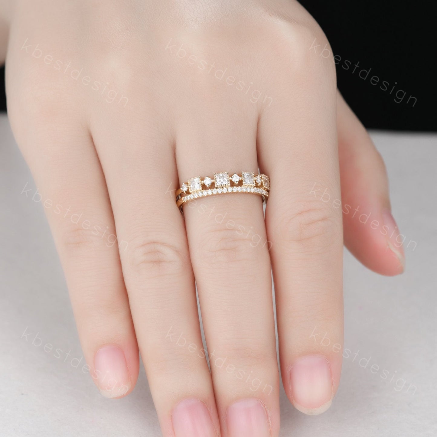 2mm princess cut Moissanite wedding band yellow gold milgrain bezel set wedding band art deco stacking matching band unique anniversary gift