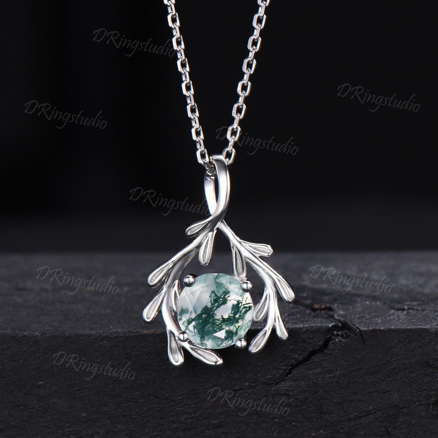Leaf Vine Pendant Necklace Vintage 7mm Round Natural Moss Agate Bridal Necklace Sterling Silver Floral Vine Wedding Pendant Gifts for Women