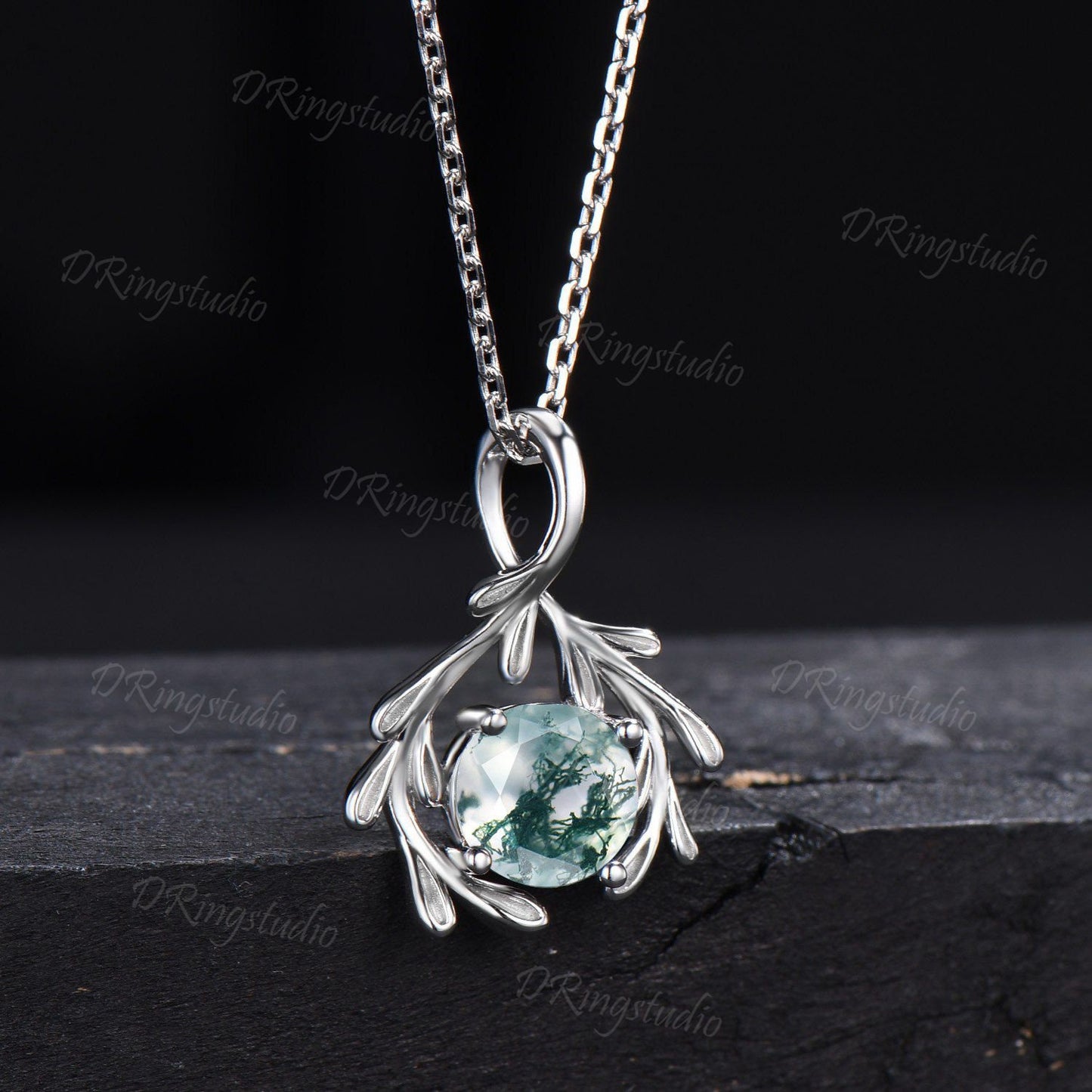 Leaf Vine Pendant Necklace Vintage 7mm Round Natural Moss Agate Bridal Necklace Sterling Silver Floral Vine Wedding Pendant Gifts for Women