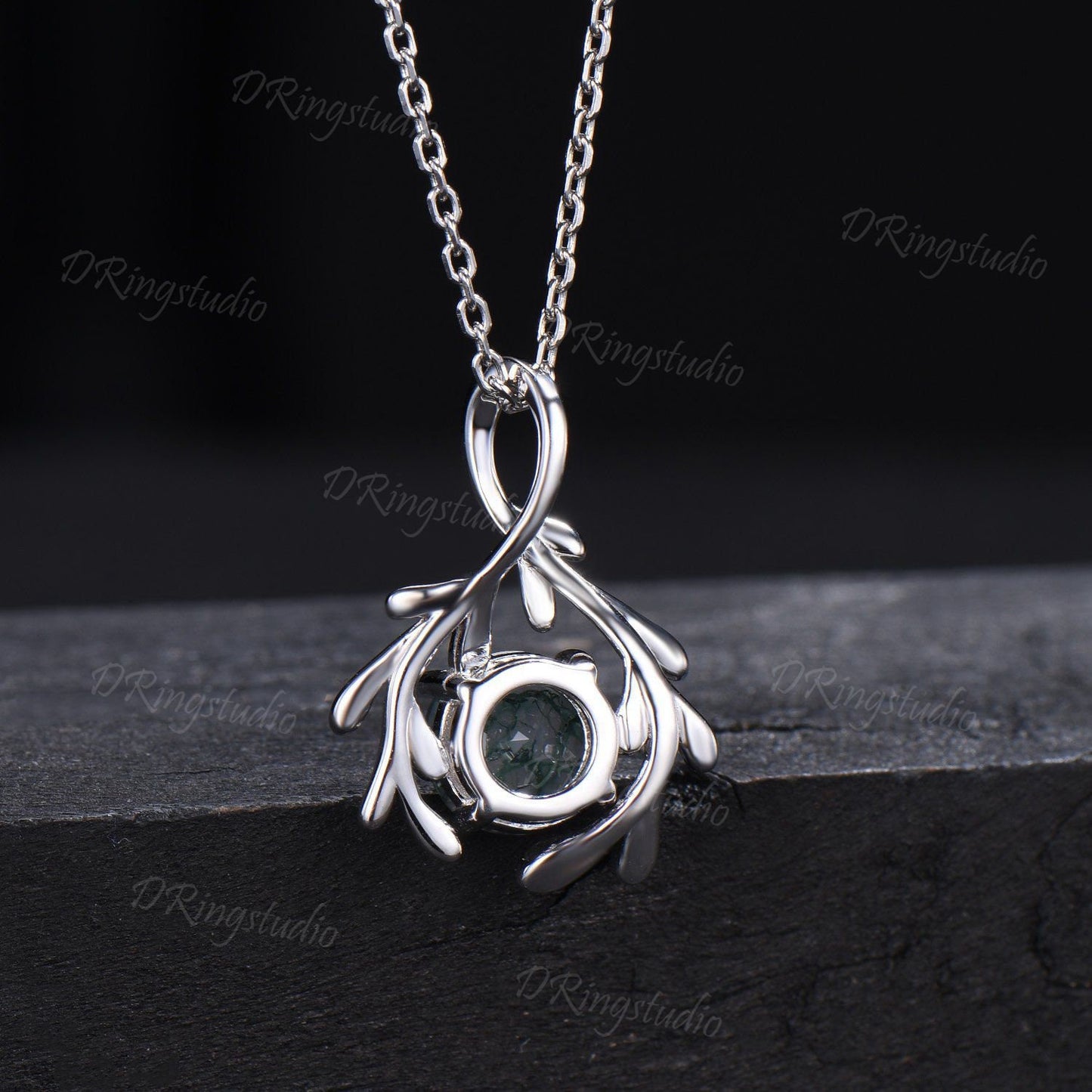 Leaf Vine Pendant Necklace Vintage 7mm Round Natural Moss Agate Bridal Necklace Sterling Silver Floral Vine Wedding Pendant Gifts for Women
