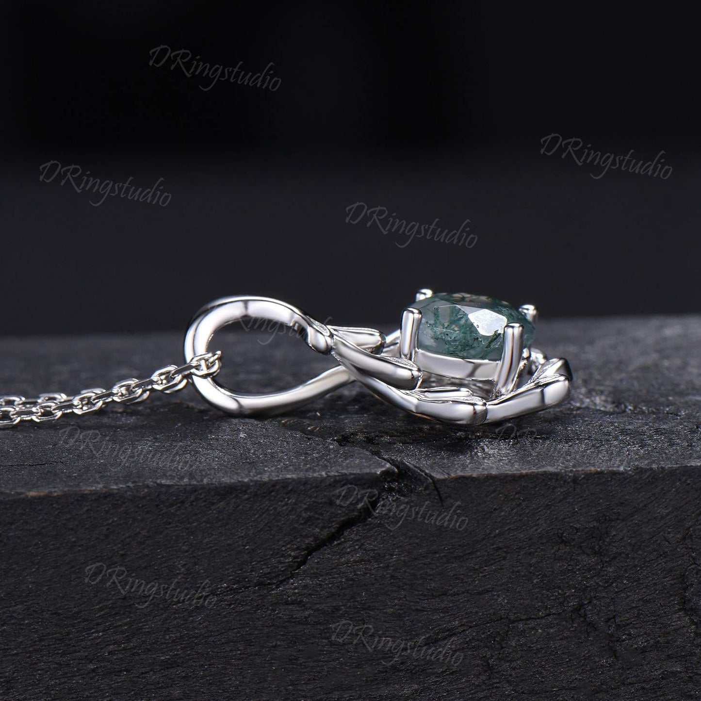 Leaf Vine Pendant Necklace Vintage 7mm Round Natural Moss Agate Bridal Necklace Sterling Silver Floral Vine Wedding Pendant Gifts for Women