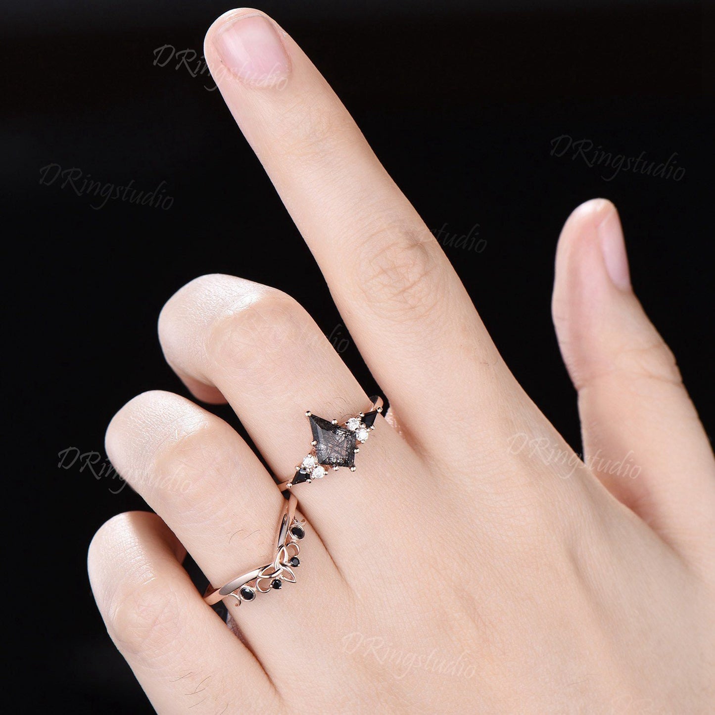 Vintage Kite Black Rutilated Quartz Engagement Ring Set Art Deco Celtic Black Gemstone Wedding Ring Black Spinel Moissanite Cluster Ring Set