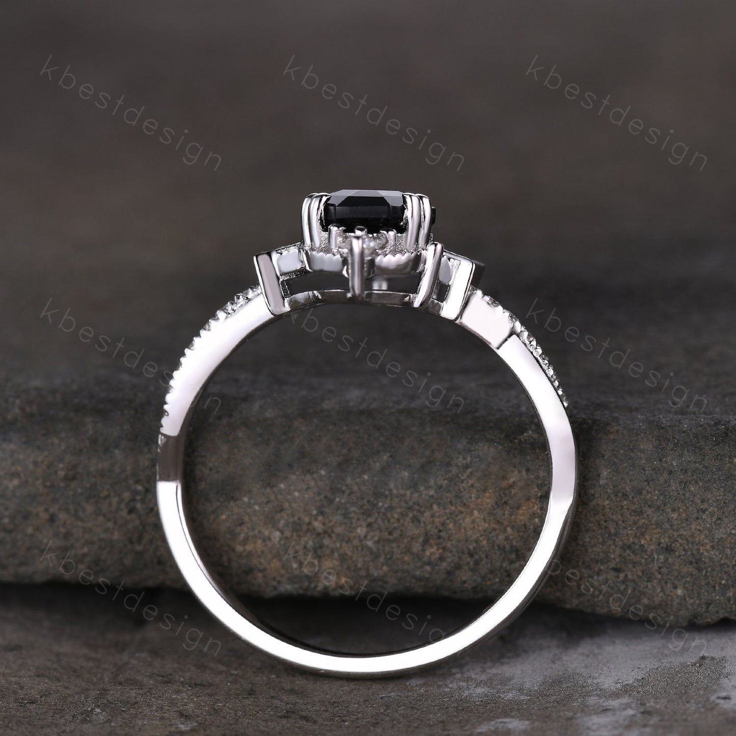 Vintage black onyx engagement ring silver coffin cut engagement ring unique moon goddess ring art deco twisted band moissanite bridal ring