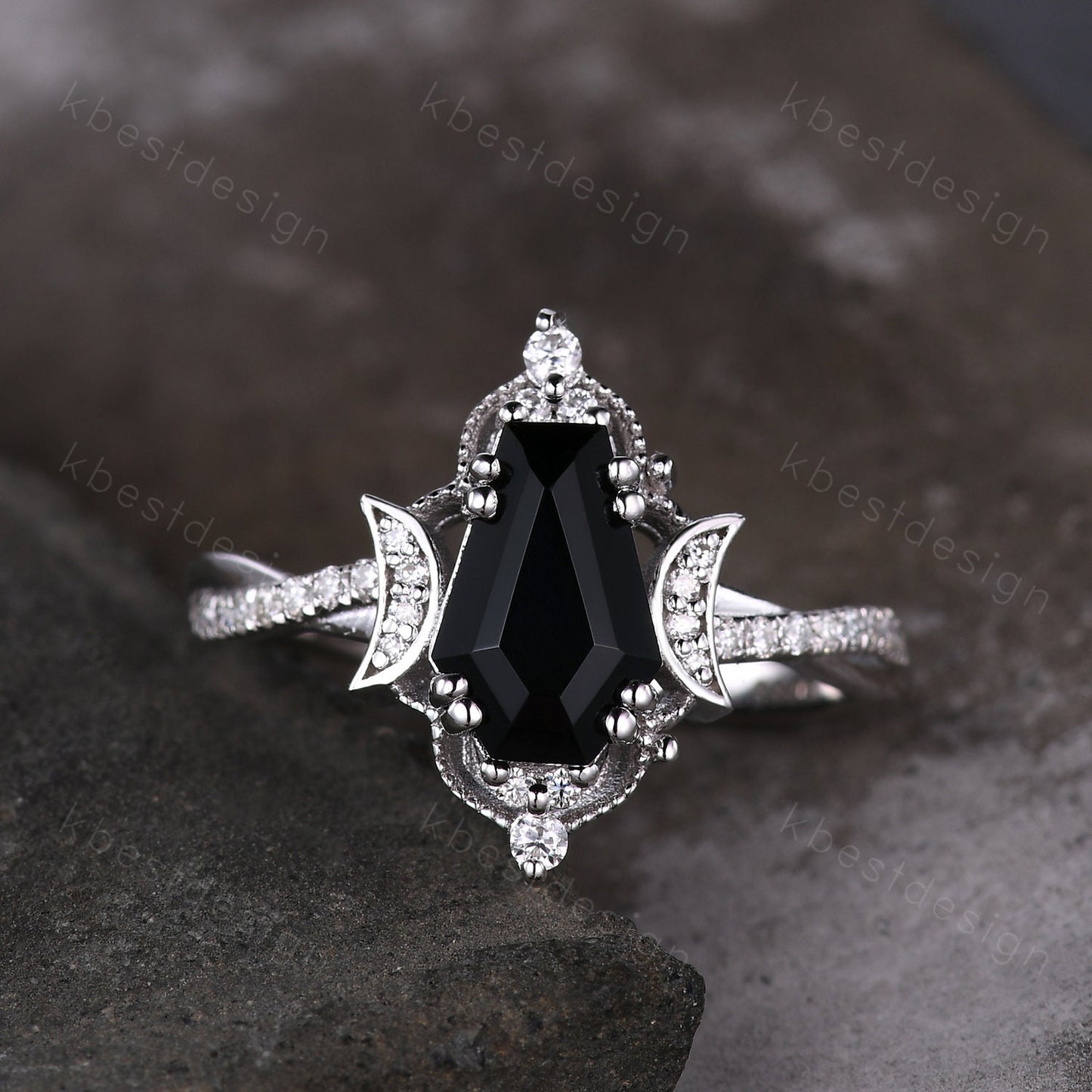 Vintage black onyx engagement ring silver coffin cut engagement ring unique moon goddess ring art deco twisted band moissanite bridal ring