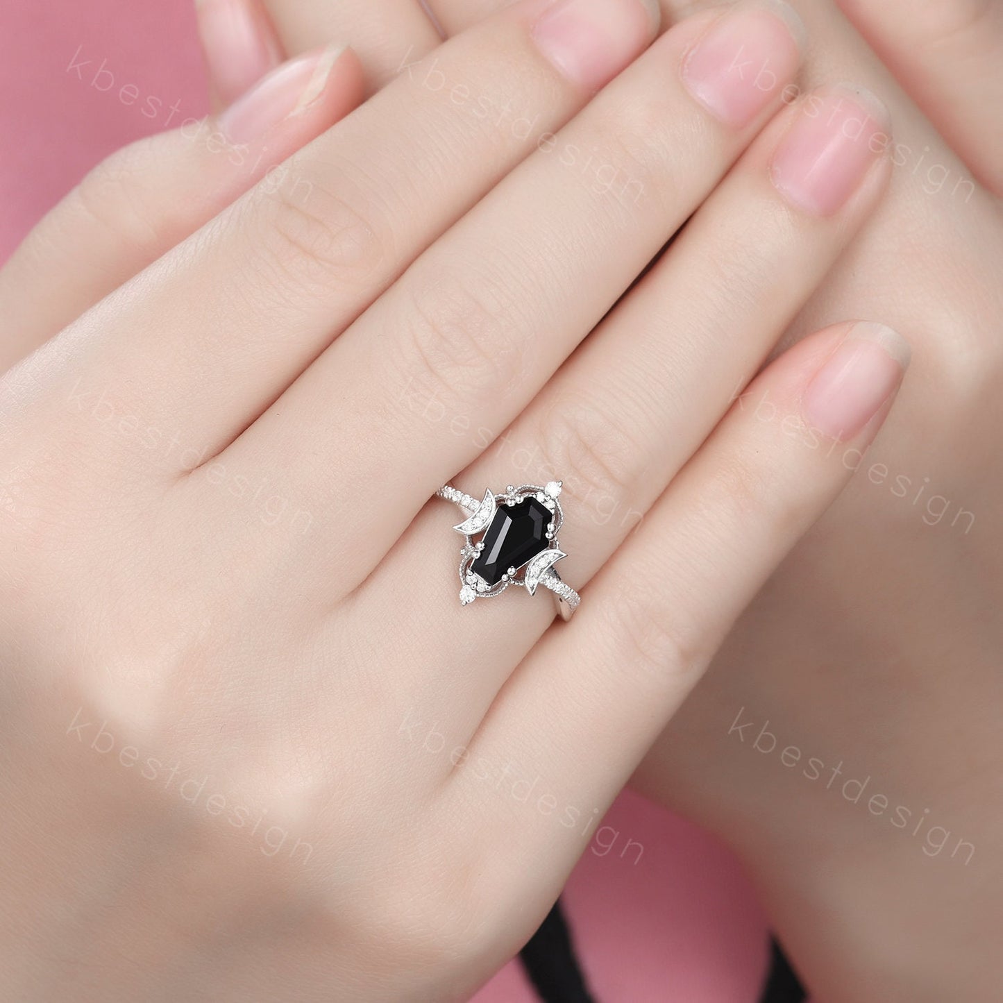Vintage black onyx engagement ring silver coffin cut engagement ring unique moon goddess ring art deco twisted band moissanite bridal ring