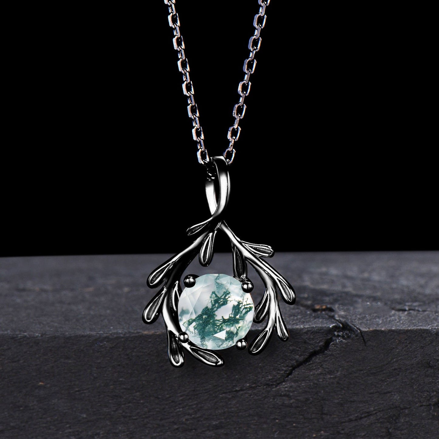 Leaf Vine Pendant Necklace Vintage 7mm Round Natural Moss Agate Bridal Necklace Sterling Silver Floral Vine Wedding Pendant Gifts for Women