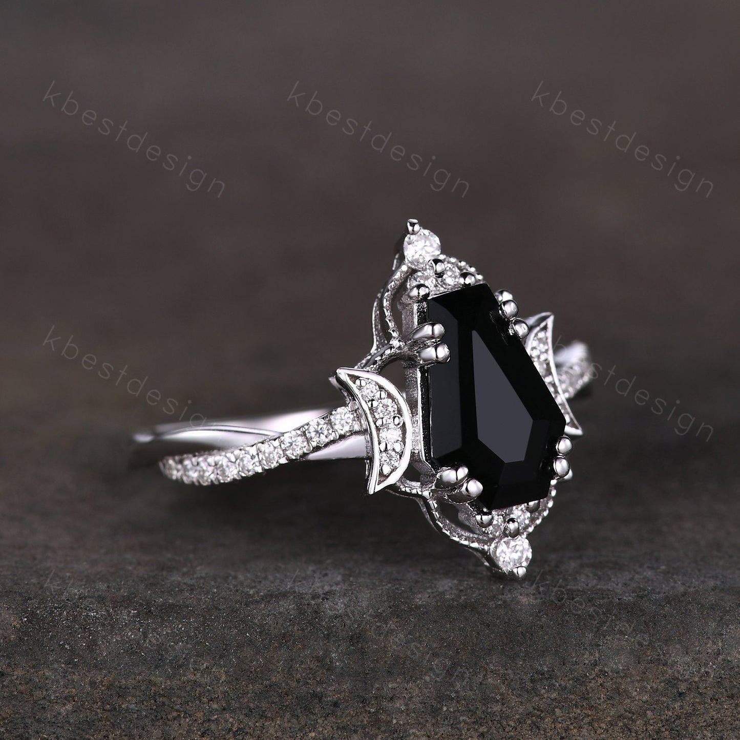 Vintage black onyx engagement ring silver coffin cut engagement ring unique moon goddess ring art deco twisted band moissanite bridal ring