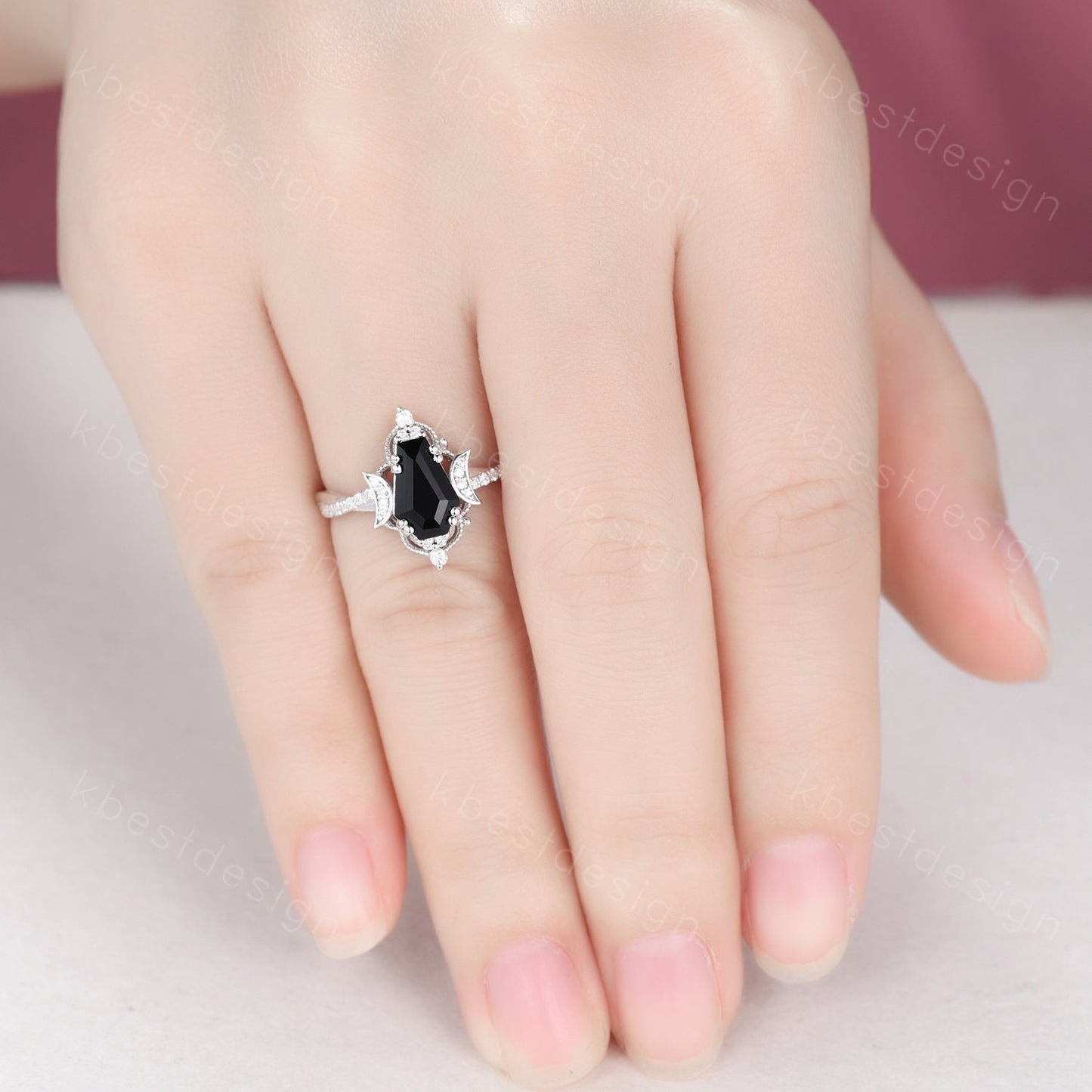Vintage black onyx engagement ring silver coffin cut engagement ring unique moon goddess ring art deco twisted band moissanite bridal ring