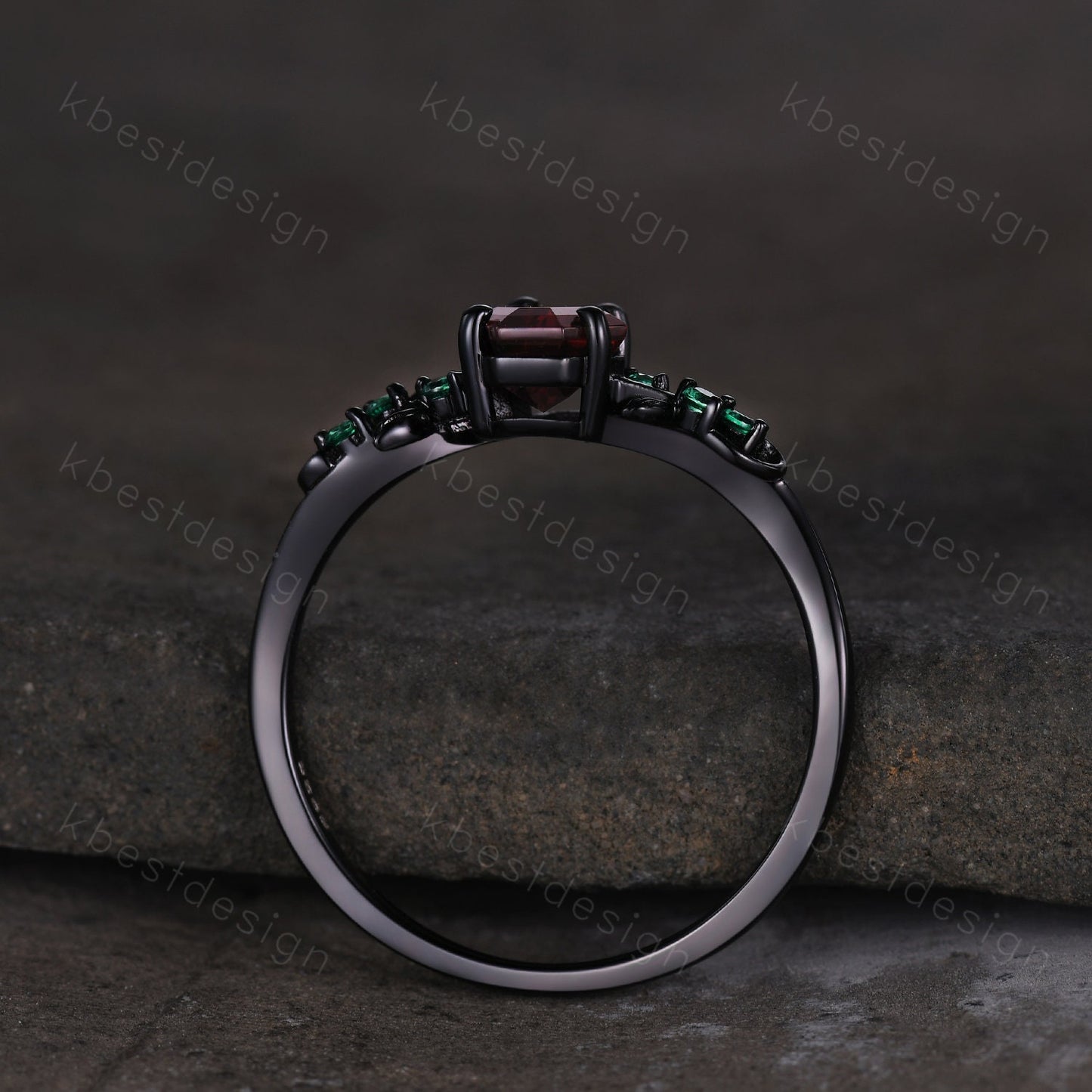 Vintage coffin cut alexandrite engagement ring black gold twig leaf emerald wedding ring nature inspired ring art deco bridal promise ring