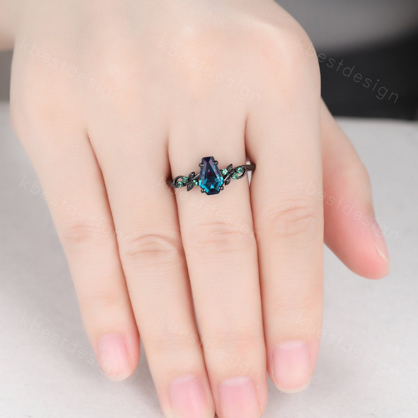 Vintage coffin cut alexandrite engagement ring black gold twig leaf emerald wedding ring nature inspired ring art deco bridal promise ring