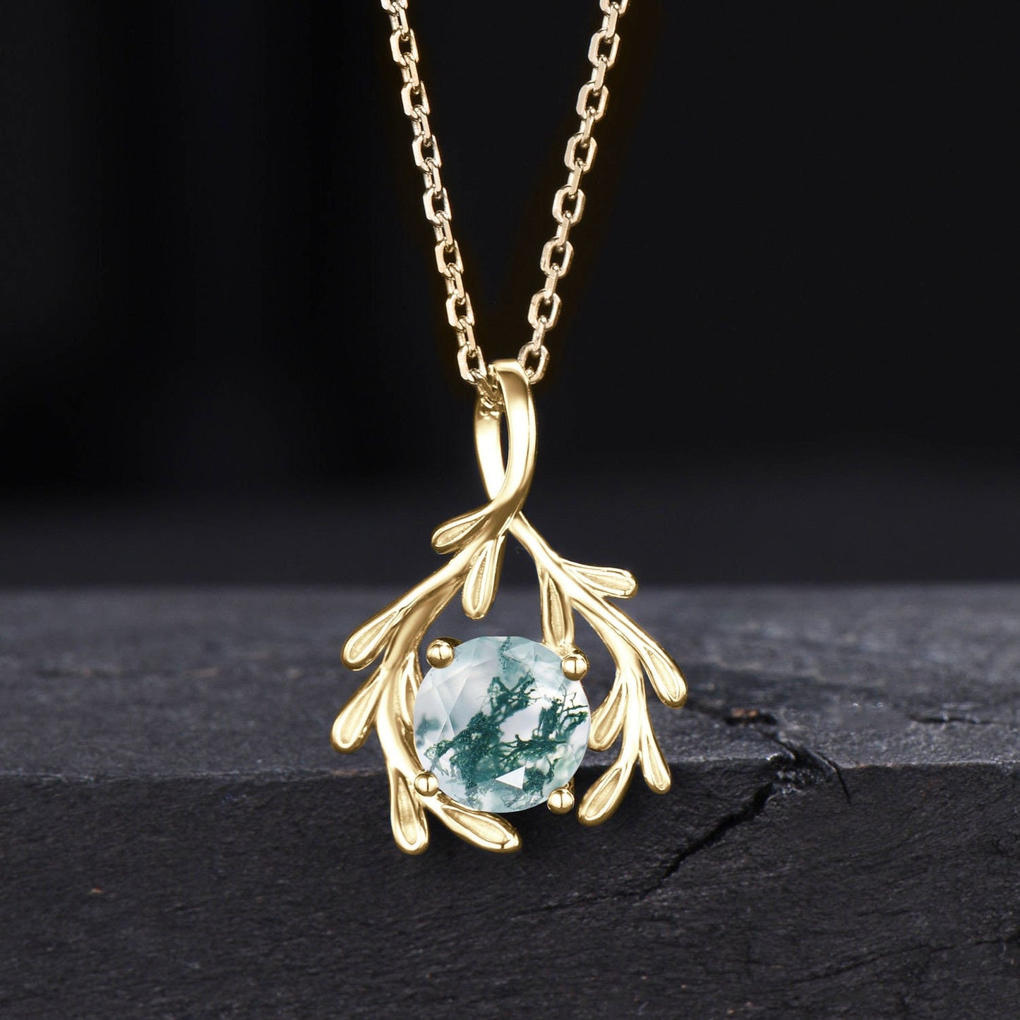 Leaf Vine Pendant Necklace Vintage 7mm Round Natural Moss Agate Bridal Necklace Sterling Silver Floral Vine Wedding Pendant Gifts for Women