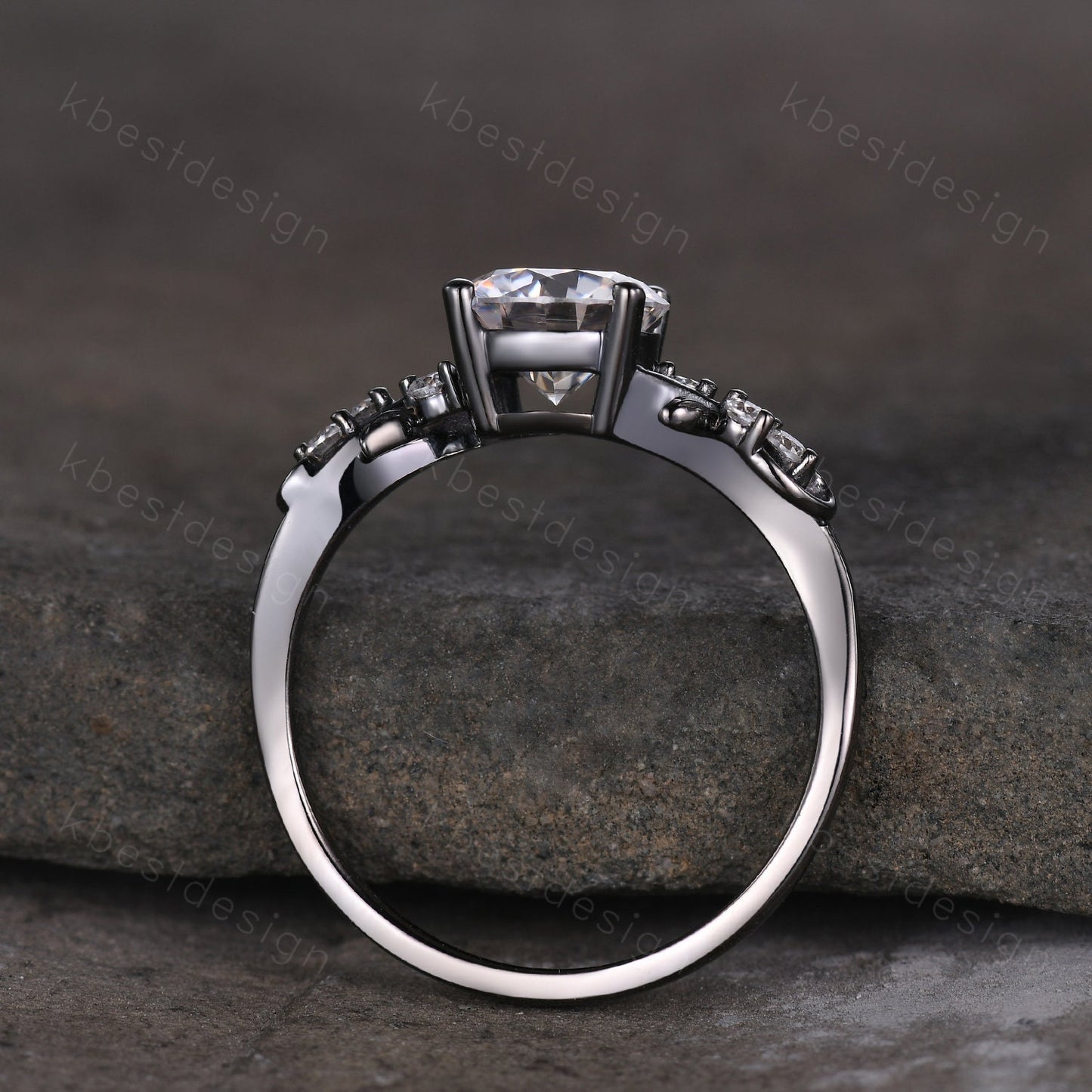 Nature inspired moissanite engagement ring black gold ring for women twig leaf design wedding ring unique art deco bridal anniversary ring