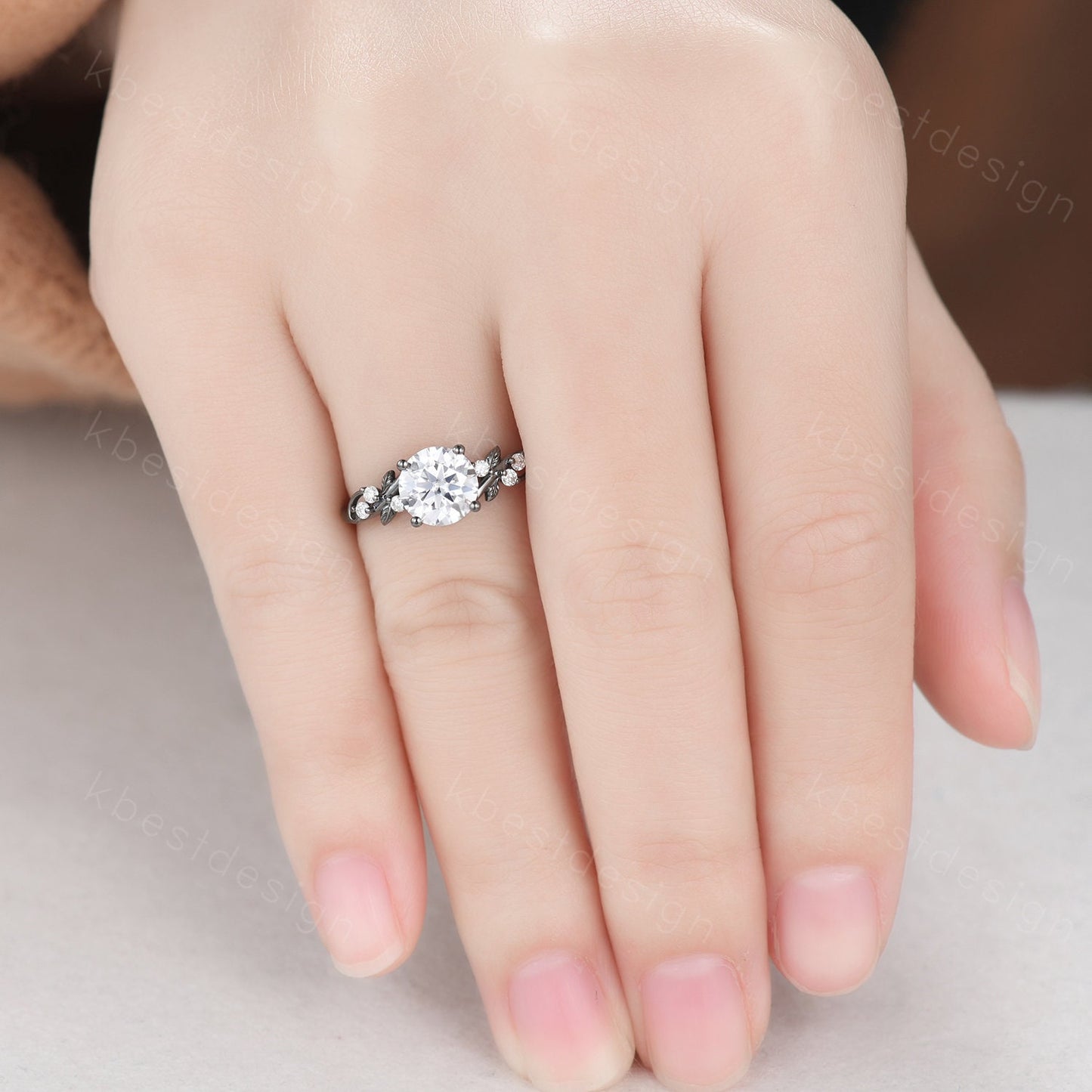 Nature inspired moissanite engagement ring black gold ring for women twig leaf design wedding ring unique art deco bridal anniversary ring